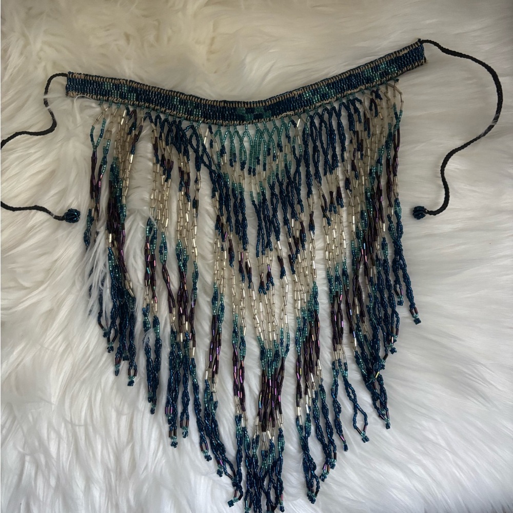 Source Unknown Beaded Fringe Necklace - Blue and Cream